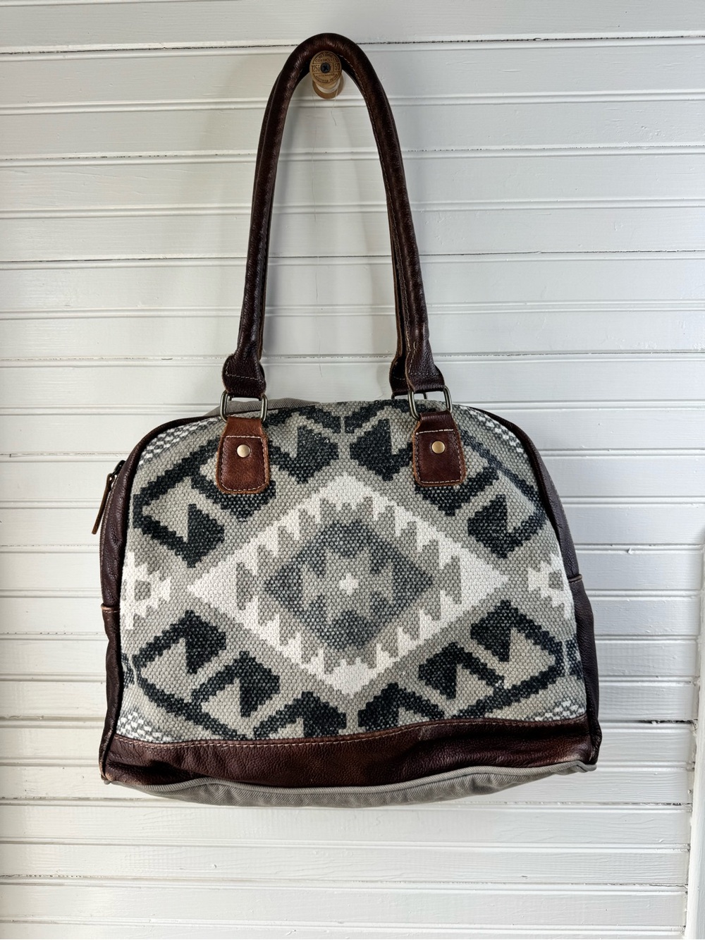 Stylish Gray Aztec Canvas & Brown Leather Myra Tote Bag